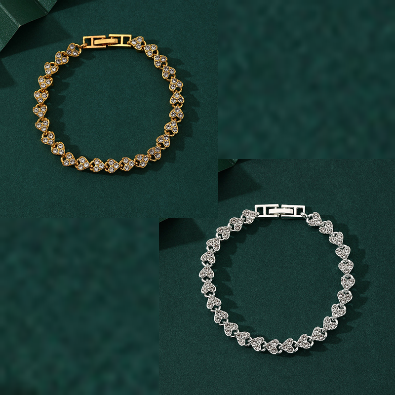 2-piece Aureate and  Silvery Luxury Crystal Heart Tennis Bracelet - European Roman Style Pave CZ Diamond Link Chain - Elegant Gold Silver Rose Gold Plated Fashion Jewelry for Women - Image 1