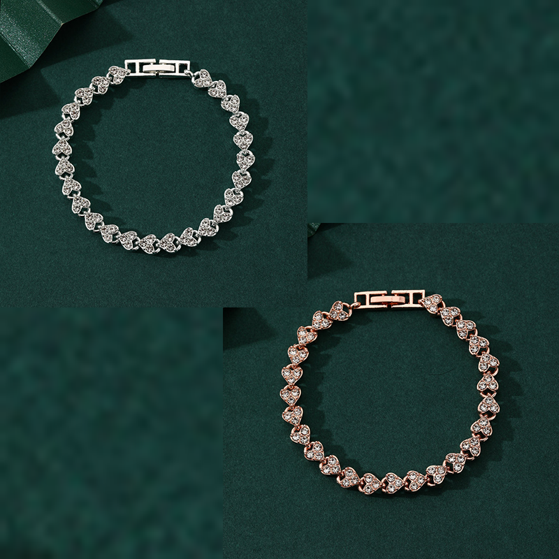 2-piece Silvery and  Rose Gold Luxury Crystal Heart Tennis Bracelet - European Roman Style Pave CZ Diamond Link Chain - Elegant Gold Silver Rose Gold Plated Fashion Jewelry for Women - Image 1