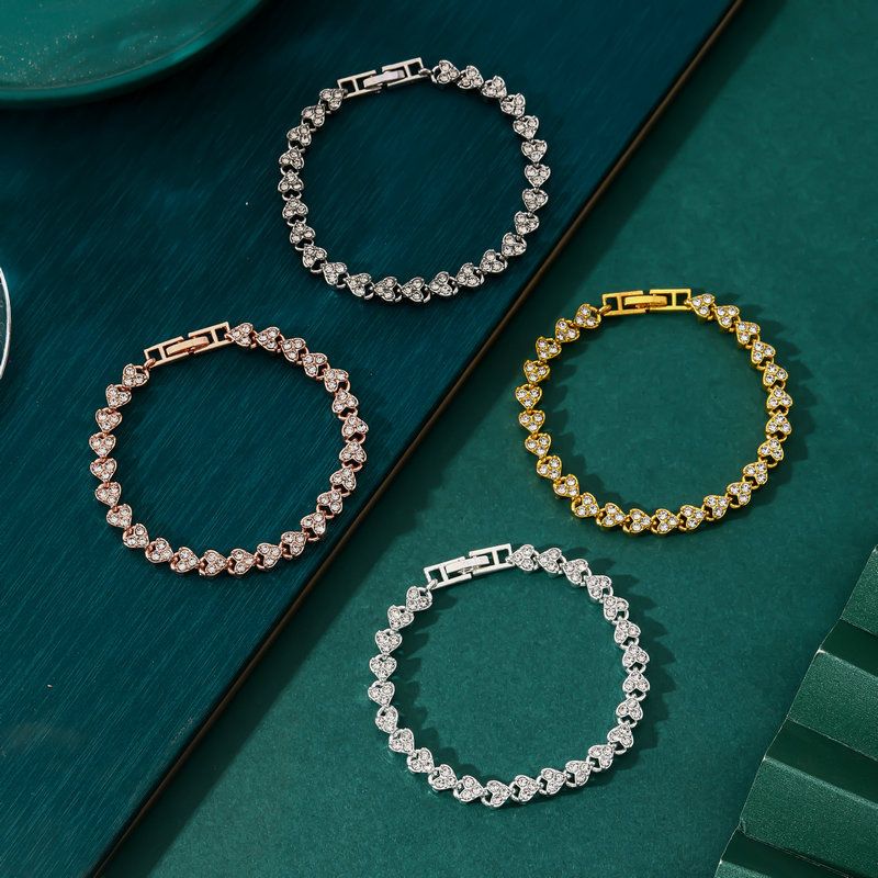 4-piece Aureate and  Silvery and Rose Gold and Dark silver Luxury Crystal Heart Tennis Bracelet - European Roman Style Pave CZ Diamond Link Chain - Elegant Gold Silver Rose Gold Plated Fashion Jewelry for Women - Image 1