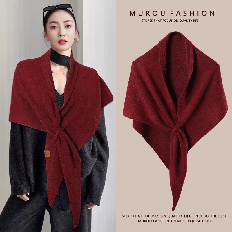 Red Women's Wool Blend Triangle Shawl - 70x180cm Knitted Winter Wrap - Warm Thick Solid Colour Poncho Scarf, Versatile Neck and Shoulder Cover, Everyday Elegance, Gift Ready - Image 1