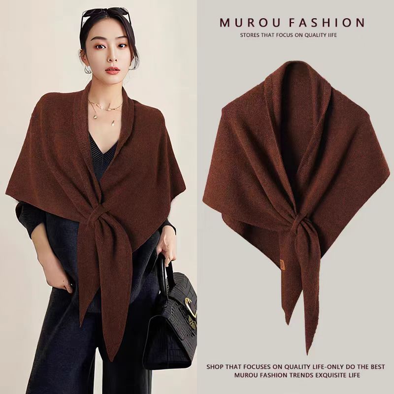 Coffee Women's Wool Blend Triangle Shawl - 70x180cm Knitted Winter Wrap - Warm Thick Solid Colour Poncho Scarf, Versatile Neck and Shoulder Cover, Everyday Elegance, Gift Ready - Image 1