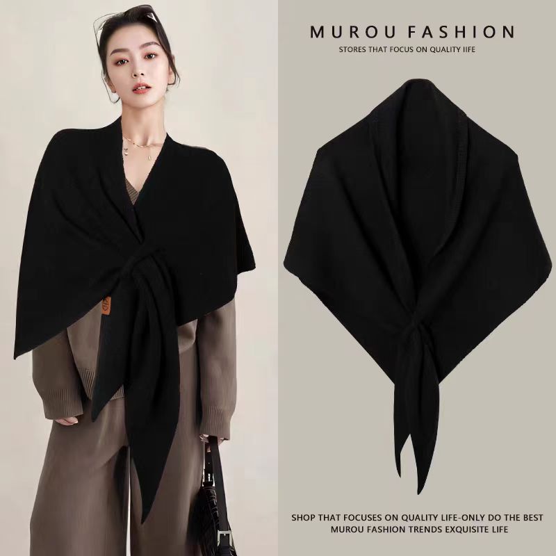 Black Women's Wool Blend Triangle Shawl - 70x180cm Knitted Winter Wrap - Warm Thick Solid Colour Poncho Scarf, Versatile Neck and Shoulder Cover, Everyday Elegance, Gift Ready - Image 1