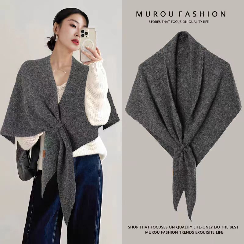 Dark gray Women's Wool Blend Triangle Shawl - 70x180cm Knitted Winter Wrap - Warm Thick Solid Colour Poncho Scarf, Versatile Neck and Shoulder Cover, Everyday Elegance, Gift Ready - Image 1