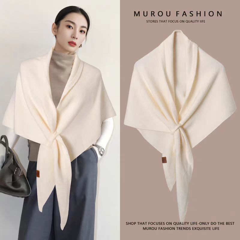 Beige Women's Wool Blend Triangle Shawl - 70x180cm Knitted Winter Wrap - Warm Thick Solid Colour Poncho Scarf, Versatile Neck and Shoulder Cover, Everyday Elegance, Gift Ready - Image 1