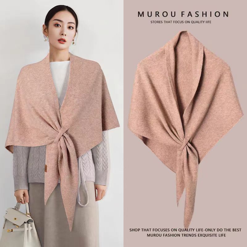 Pink Women's Wool Blend Triangle Shawl - 70x180cm Knitted Winter Wrap - Warm Thick Solid Colour Poncho Scarf, Versatile Neck and Shoulder Cover, Everyday Elegance, Gift Ready - Image 1