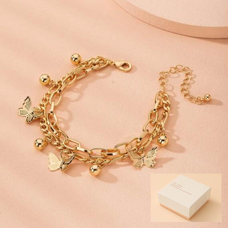 Aureate Butterfly Charm Layered Chain Bracelet - Gold and Silver Alloy Finish - Adjustable Double Strand Design, Lightweight Everyday Wear, Gift Ready，Gift Box Set - Image 1