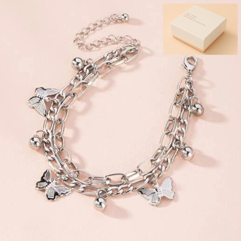 Silvery Butterfly Charm Layered Chain Bracelet - Gold and Silver Alloy Finish - Adjustable Double Strand Design, Lightweight Everyday Wear, Gift Ready，Gift Box Set - Image 1