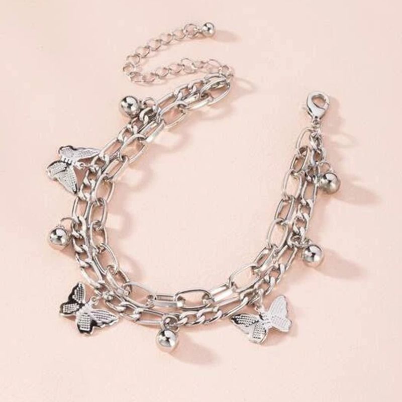 Silvery Butterfly Charm Layered Chain Bracelet - Gold and Silver Alloy Finish - Adjustable Double Strand Design, Lightweight Everyday Wear, Gift Ready，Gift Box Set - Image 2