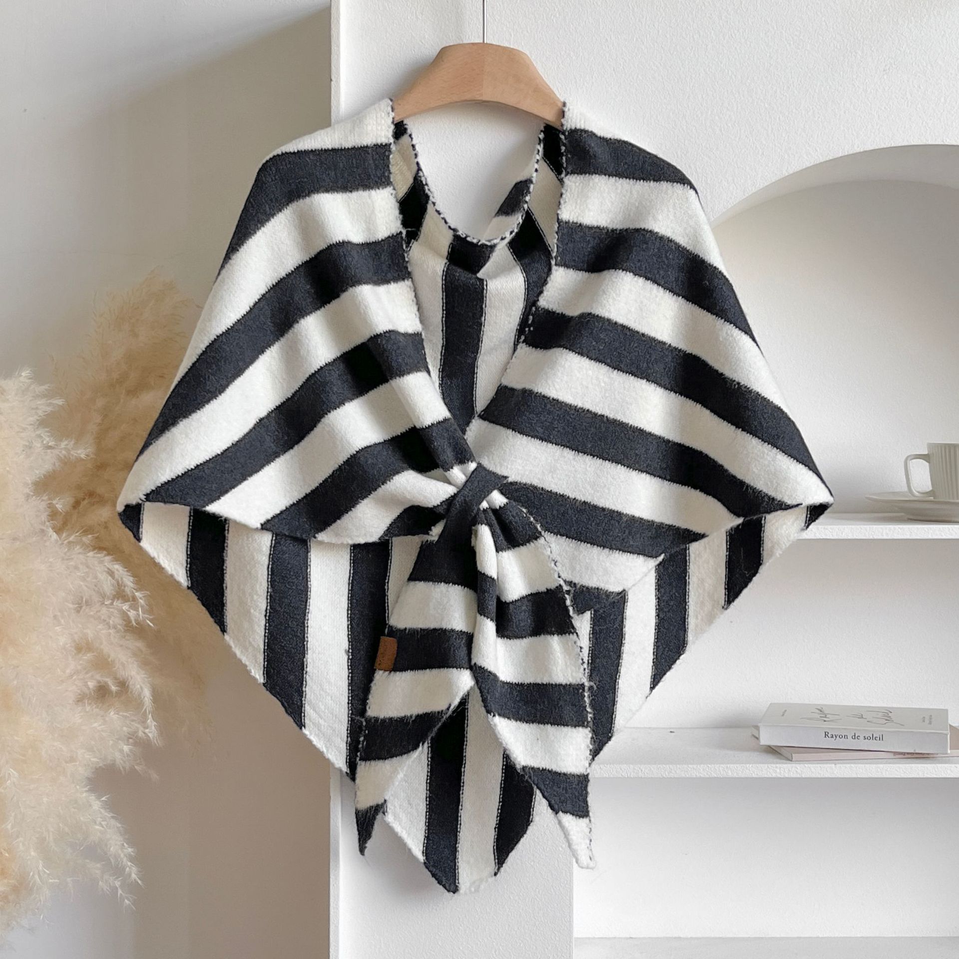 Black Striped Women's  Triangle Shawl Cape - Soft Knit Faux Cashmere Poncho Wrap, Lightweight Warm Pullover for Office Travel & Daily Wear - Image 1