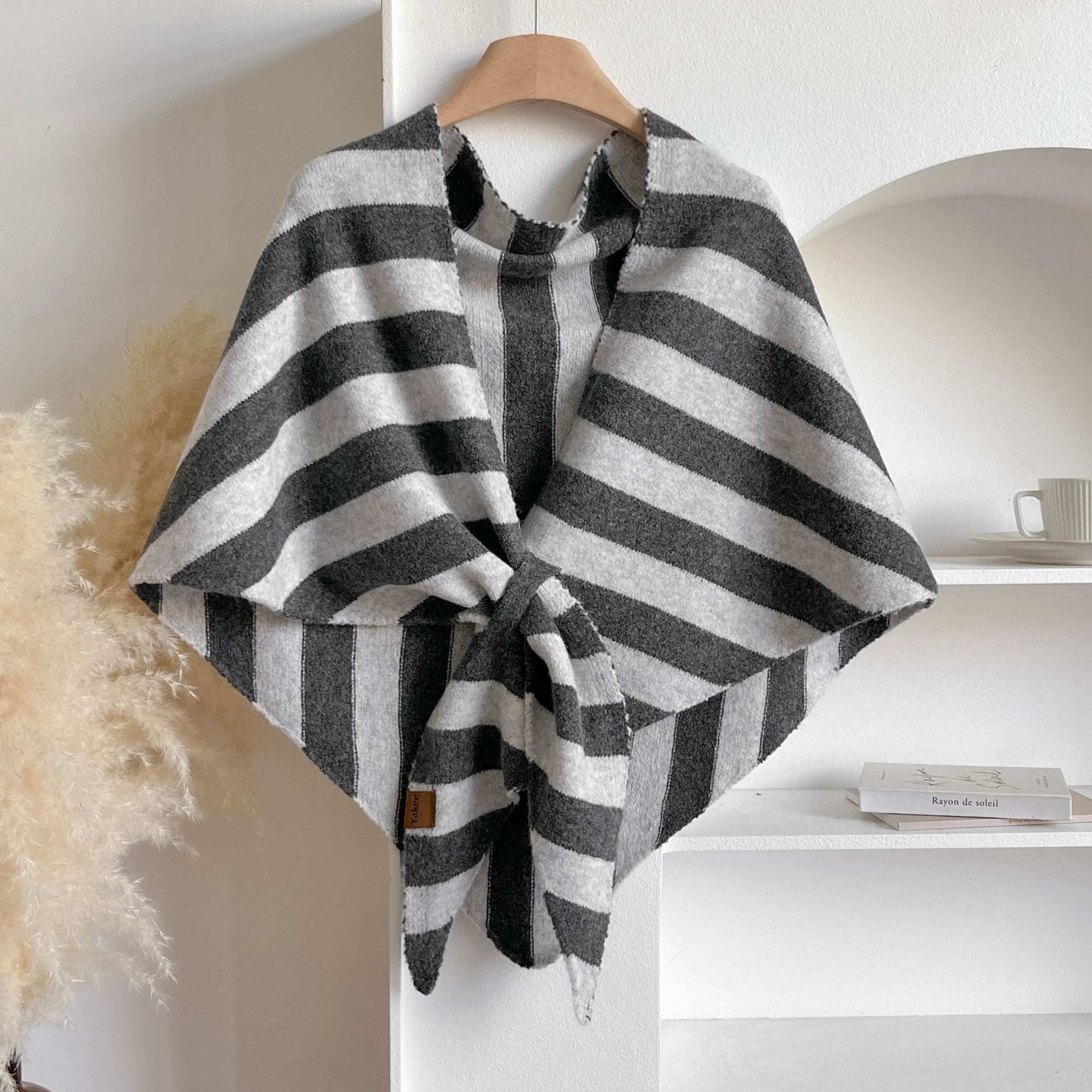 Grey Striped Women's  Triangle Shawl Cape - Soft Knit Faux Cashmere Poncho Wrap, Lightweight Warm Pullover for Office Travel & Daily Wear - Image 1