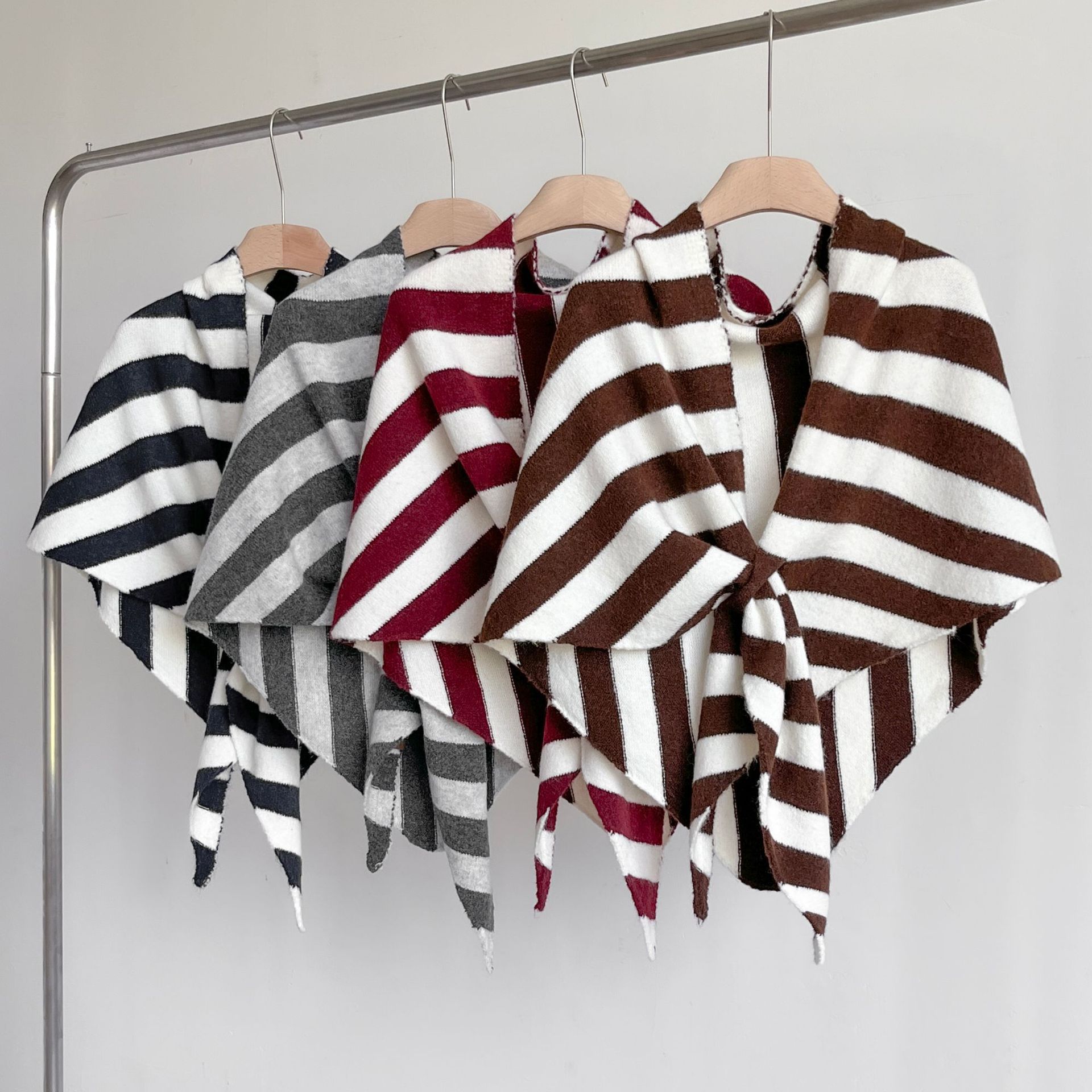 Grey Striped Women's  Triangle Shawl Cape - Soft Knit Faux Cashmere Poncho Wrap, Lightweight Warm Pullover for Office Travel & Daily Wear - Image 4