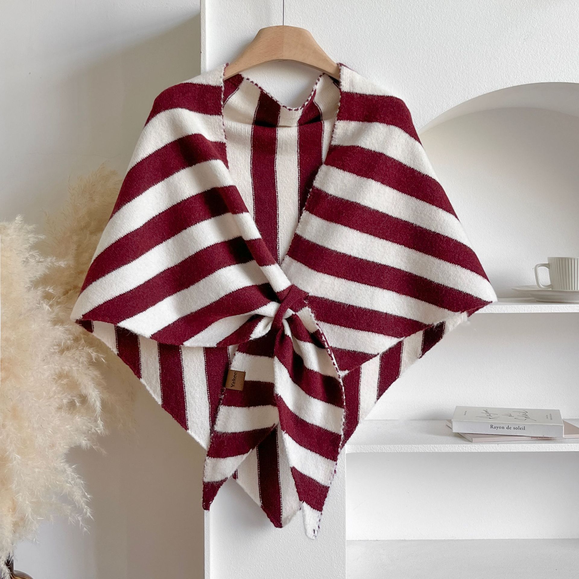 Red Striped Women's  Triangle Shawl Cape - Soft Knit Faux Cashmere Poncho Wrap, Lightweight Warm Pullover for Office Travel & Daily Wear - Image 1