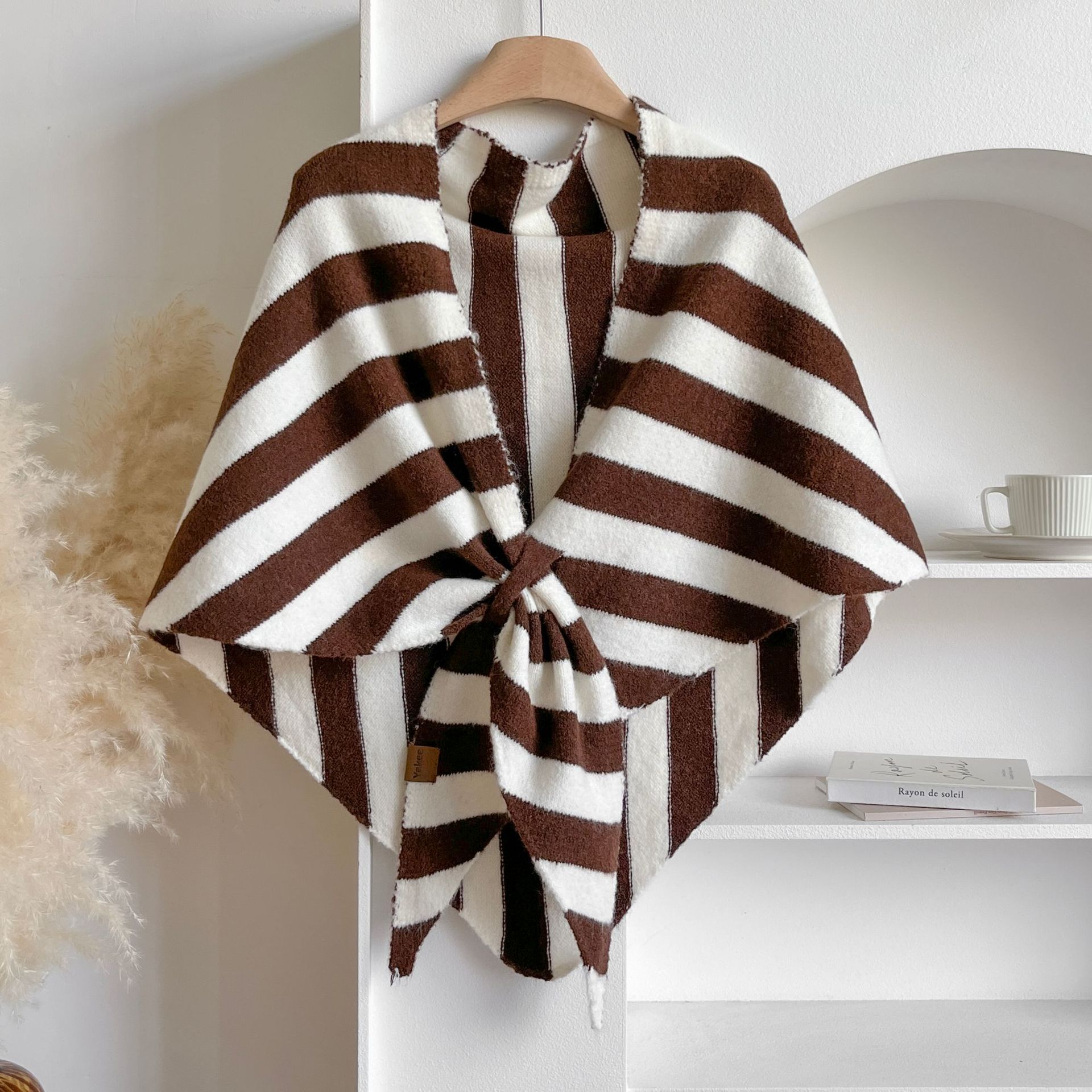 Brown Striped Women's  Triangle Shawl Cape - Soft Knit Faux Cashmere Poncho Wrap, Lightweight Warm Pullover for Office Travel & Daily Wear - Image 1