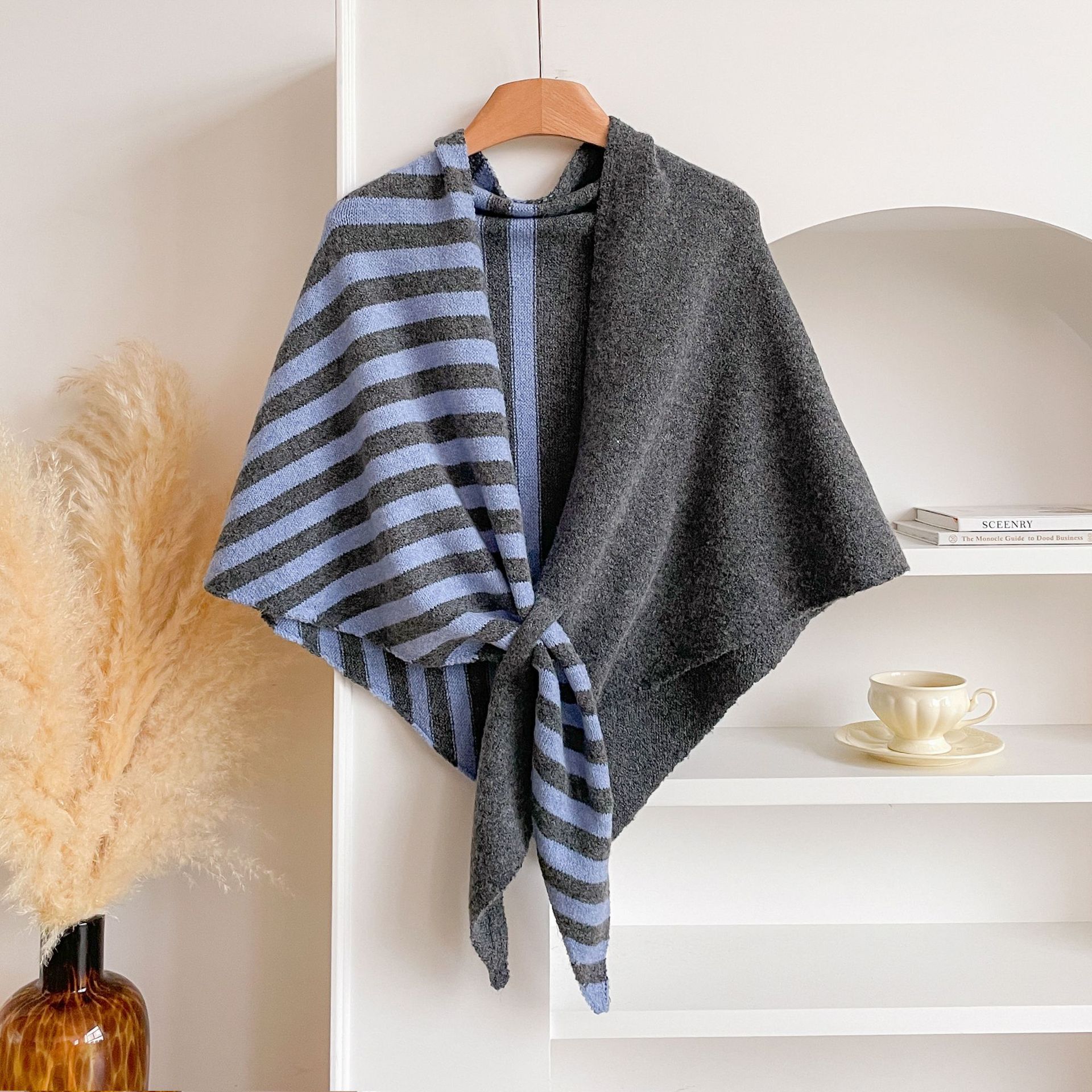 Black and Grey Color blocking Striped Women's  Triangle Shawl Cape - Soft Knit Faux Cashmere Poncho Wrap, Lightweight Warm Pullover for Office Travel & Daily Wear - Image 4
