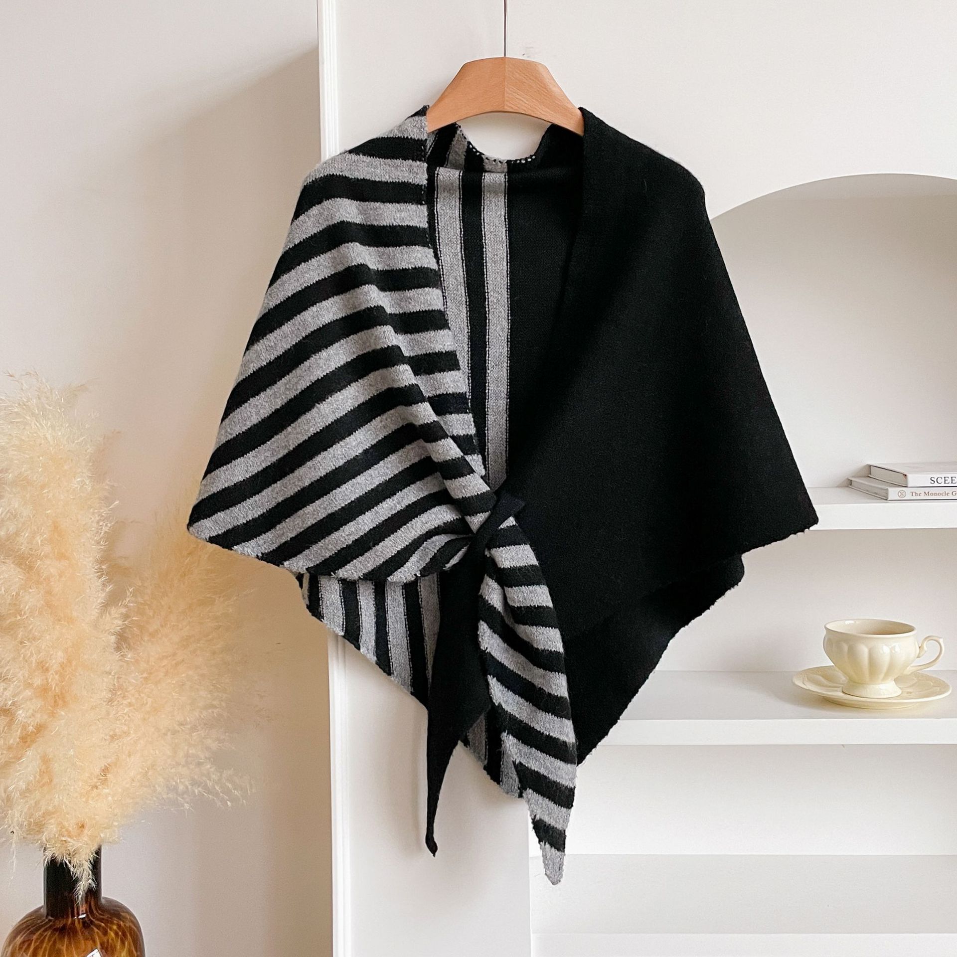 Blue and Grey Color blocking Striped Women's  Triangle Shawl Cape - Soft Knit Faux Cashmere Poncho Wrap, Lightweight Warm Pullover for Office Travel & Daily Wear - Image 3