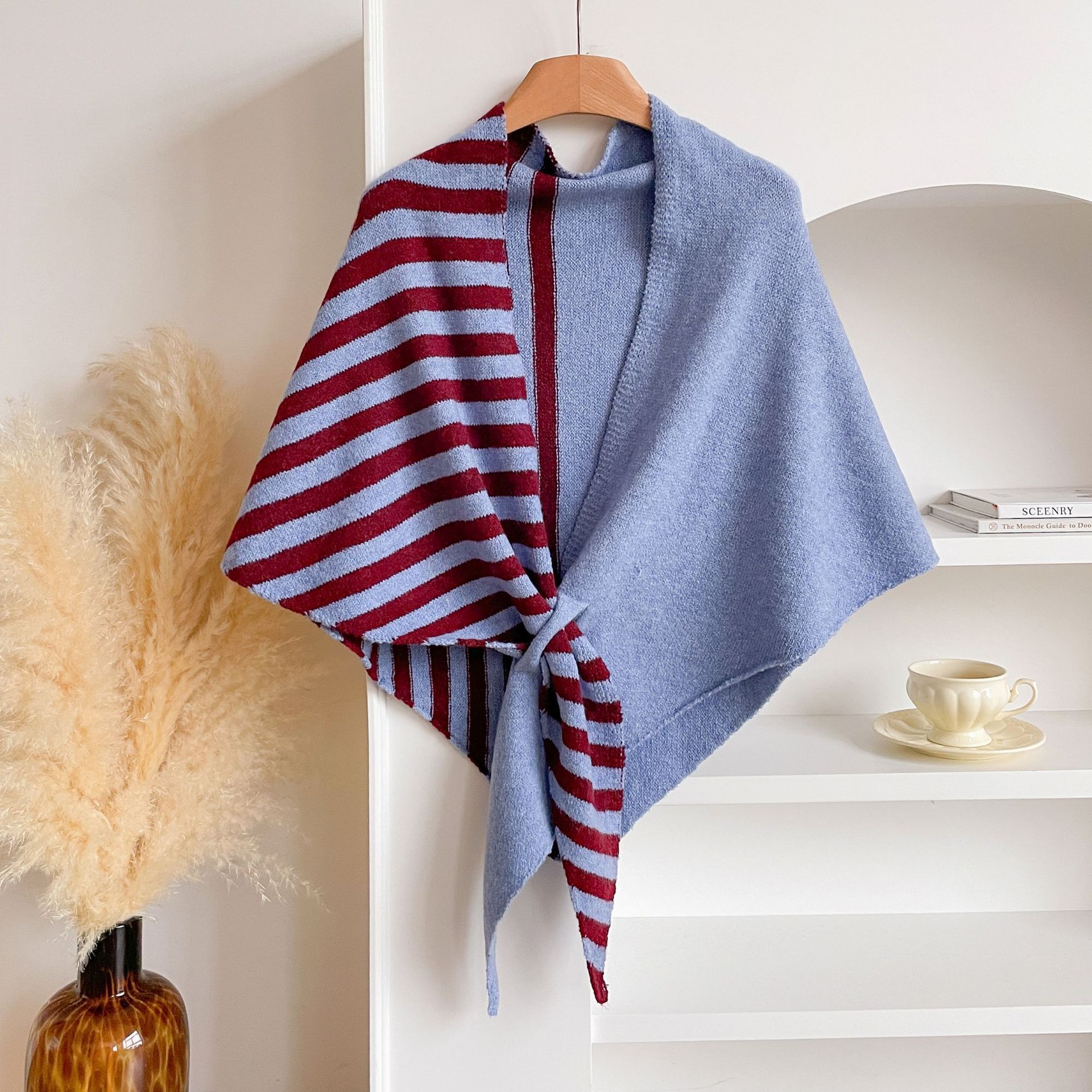 Blue and Grey Color blocking Striped Women's  Triangle Shawl Cape - Soft Knit Faux Cashmere Poncho Wrap, Lightweight Warm Pullover for Office Travel & Daily Wear - Image 4