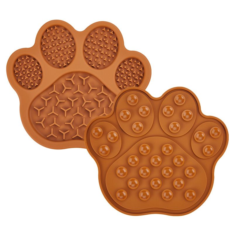 Brown Silicone Slow Feeder Lick Mat for Dogs and Cats - Paw Shaped Non Slip Pet Bowl with Suction Cups - BPA Free, Dishwasher Safe, Freezer Safe, Anxiety Relief, Easy Clean, 20x17cm - Pink, Brown, Yellow - Image 1