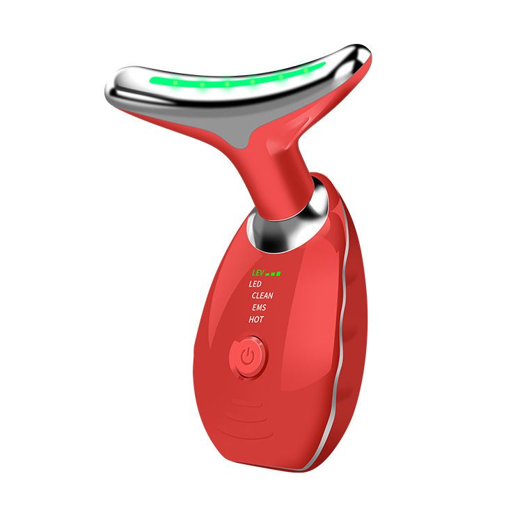 Red Neck and Face Massager - 3 Colour Light Therapy, EMS Microcurrent, Vibration & Heat - Rechargeable Anti-Ageing Device for Wrinkles, Neck Lines, Jawline & Skin Tightening - Portable Home Beauty Tool - Image 1