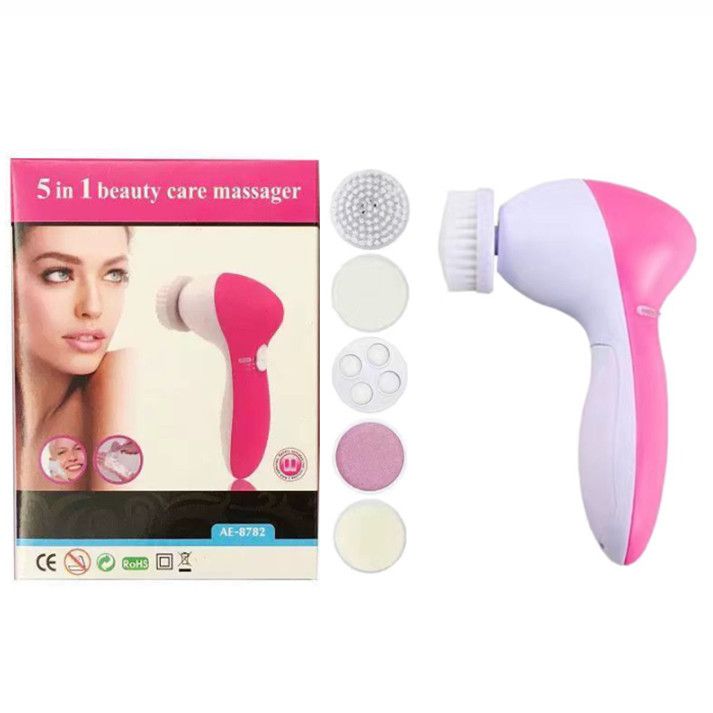 Pink 5-in-1 Electric Facial Cleansing Brush - Rotating Face Scrubber with 5 Interchangeable Heads for Deep Pore Cleaning, Exfoliating & Massaging - Battery Operated (2 x AA, Not Included) - Image 1