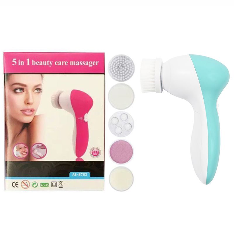 Green 5-in-1 Electric Facial Cleansing Brush - Rotating Face Scrubber with 5 Interchangeable Heads for Deep Pore Cleaning, Exfoliating & Massaging - Battery Operated (2 x AA, Not Included) - Image 1