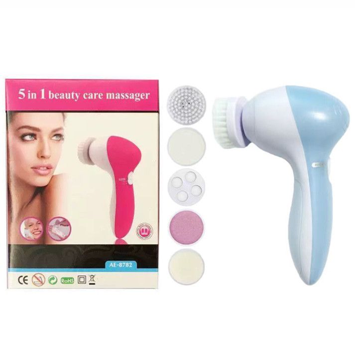 Blue 5-in-1 Electric Facial Cleansing Brush - Rotating Face Scrubber with 5 Interchangeable Heads for Deep Pore Cleaning, Exfoliating & Massaging - Battery Operated (2 x AA, Not Included) - Image 1