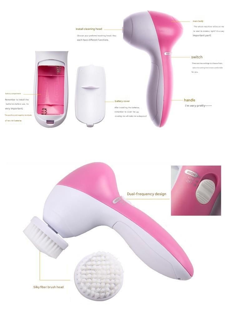 Blue 5-in-1 Electric Facial Cleansing Brush - Rotating Face Scrubber with 5 Interchangeable Heads for Deep Pore Cleaning, Exfoliating & Massaging - Battery Operated (2 x AA, Not Included) - Image 4