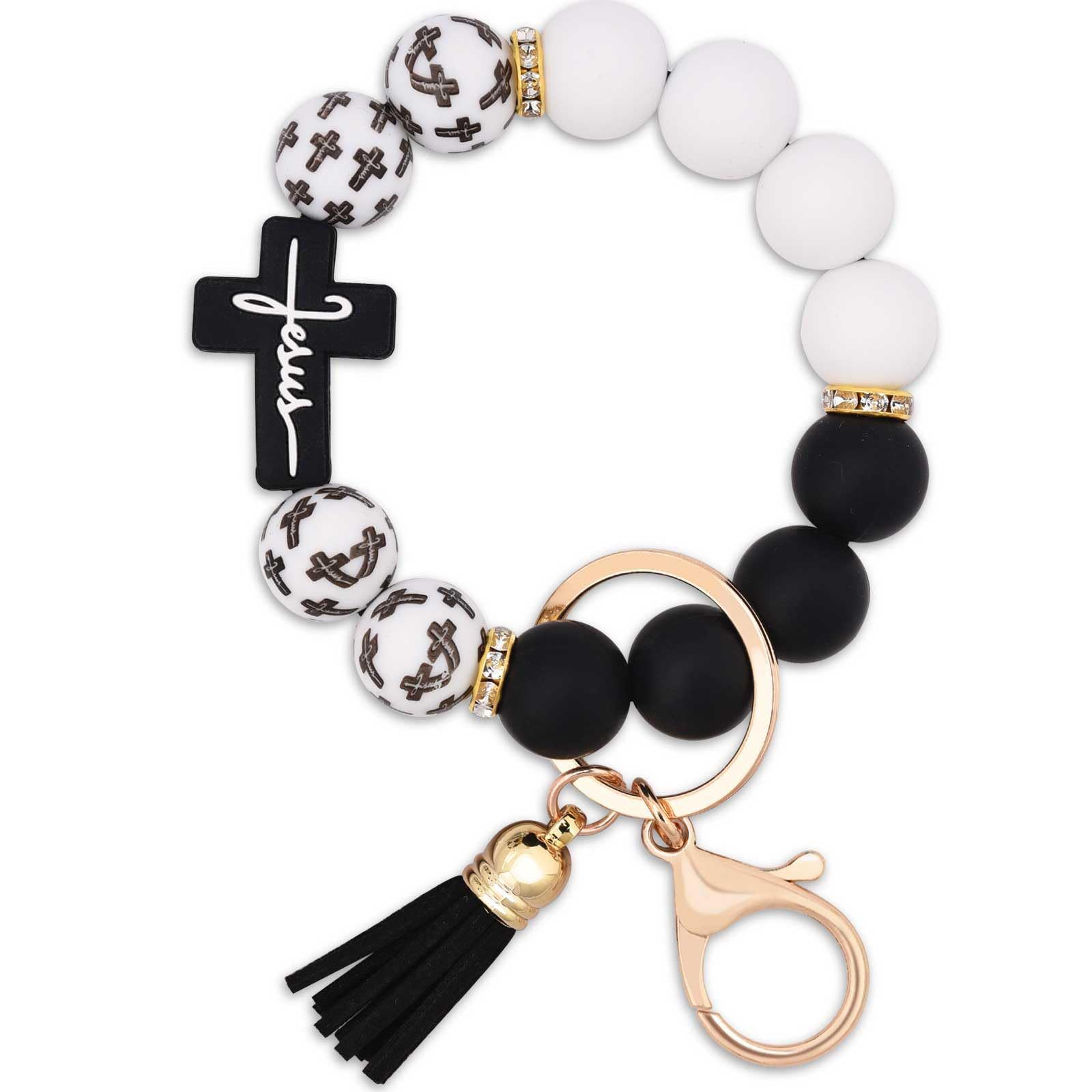 Black and White Silicone Bead Keychain with Cross Charm, Rhinestone Ring &short  Tassel - Religious Silicone Beaded Key Ring, Lightweight & Durable - Image 1