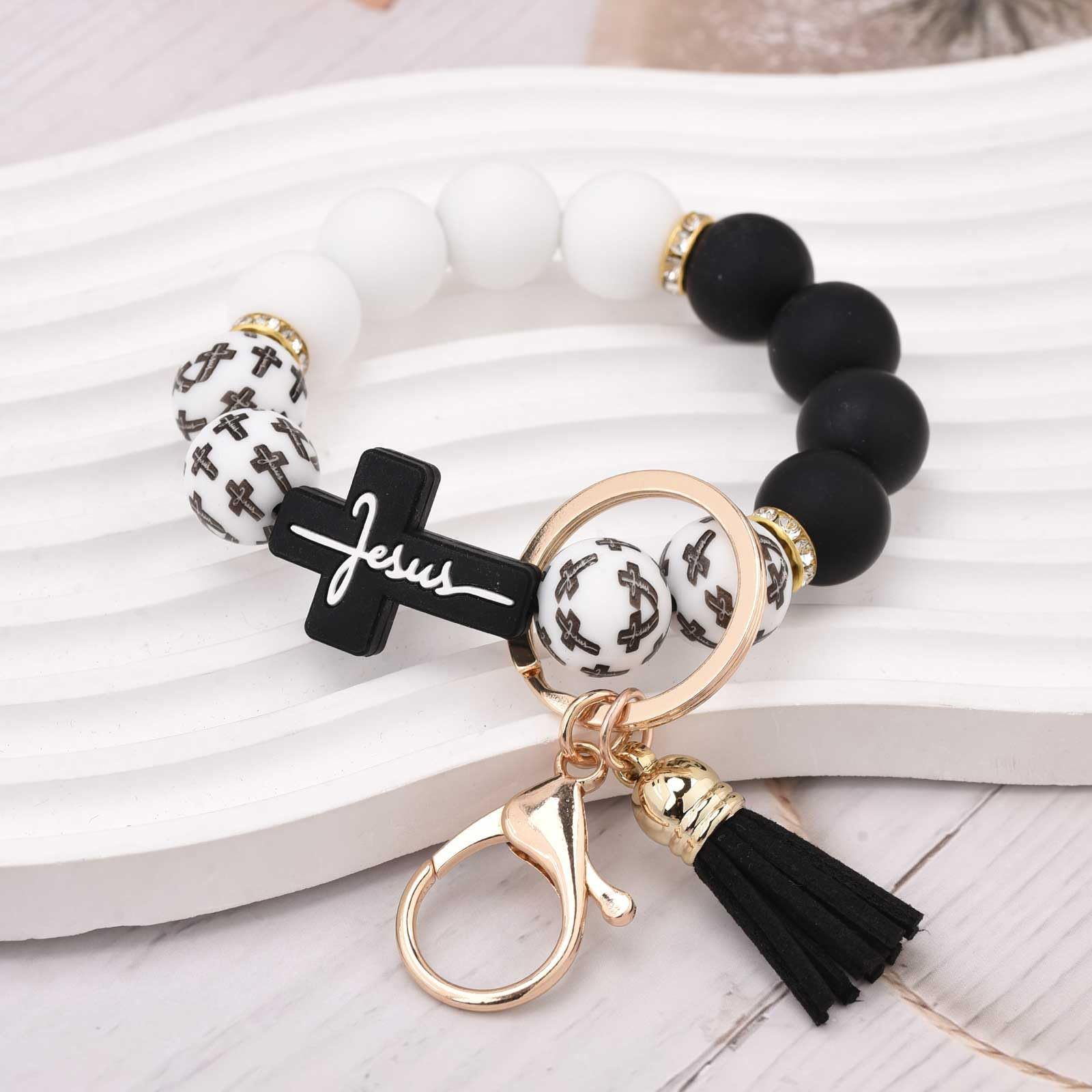Black and White Silicone Bead Keychain with Cross Charm, Rhinestone Ring &short  Tassel - Religious Silicone Beaded Key Ring, Lightweight & Durable - Image 4