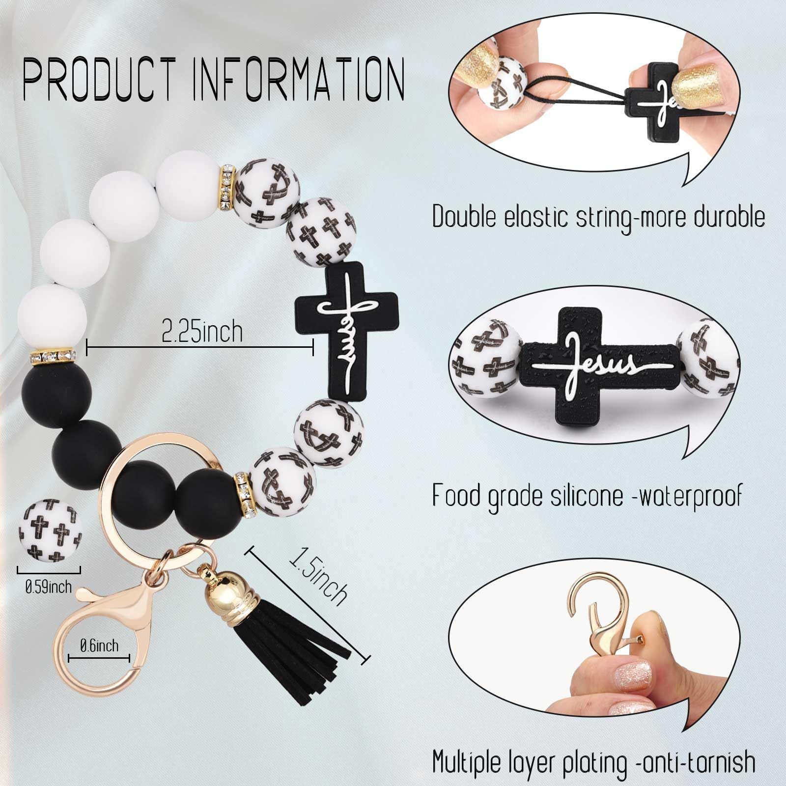 Black and White Silicone Bead Keychain with Cross Charm, Rhinestone Ring &short  Tassel - Religious Silicone Beaded Key Ring, Lightweight & Durable - Image 5