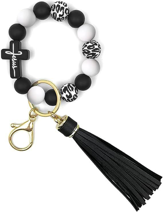Black and White Silicone Bead Keychain Bracelet with Cross Charm and Tassel - Black, White, Teal, Leopard Print - Fashion Wristlet Key Ring for Women, Gift Friendly - Image 1