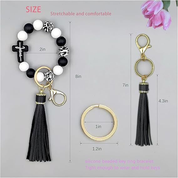 Black and White Silicone Bead Keychain Bracelet with Cross Charm and Tassel - Black, White, Teal, Leopard Print - Fashion Wristlet Key Ring for Women, Gift Friendly - Image 4