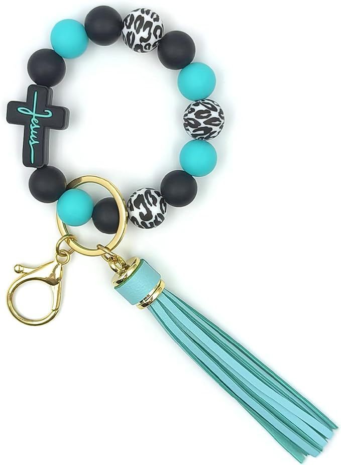 Black and Green Silicone Bead Keychain Bracelet with Cross Charm and Tassel - Black, White, Teal, Leopard Print - Fashion Wristlet Key Ring for Women, Gift Friendly - Image 1