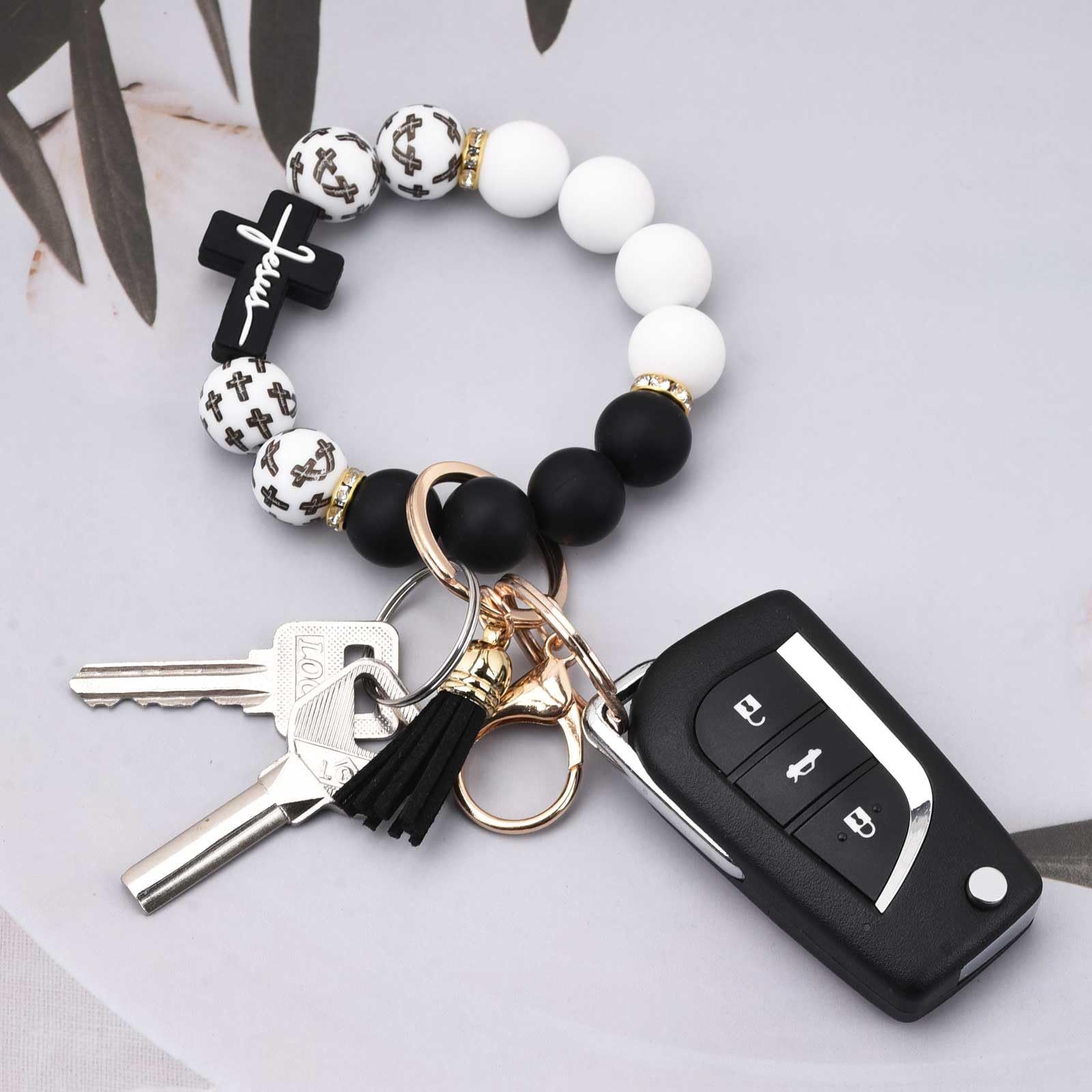 Black and Green Silicone Bead Keychain Bracelet with Cross Charm and Tassel - Black, White, Teal, Leopard Print - Fashion Wristlet Key Ring for Women, Gift Friendly - Image 2