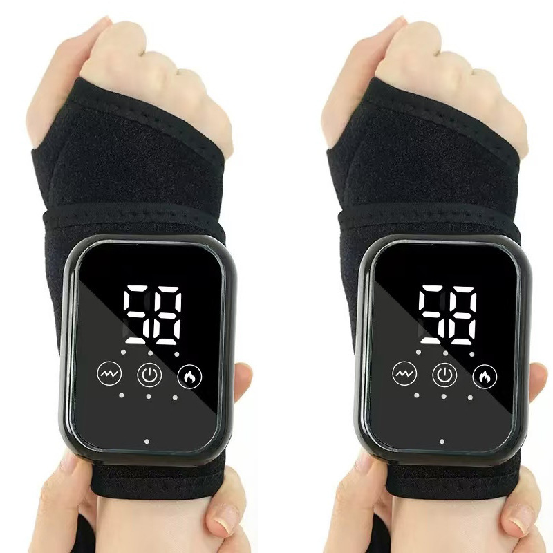 Black 2-piece Electric Heating Wrist Massager with Vibration and Hot Compress - 3 Heat Levels, 3 Vibration Modes, 15 Min Auto Shutoff, Rechargeable - Cordless Wrist Pain Relief Wrap for Office, Sports Recovery, and Daily Care - Image 1