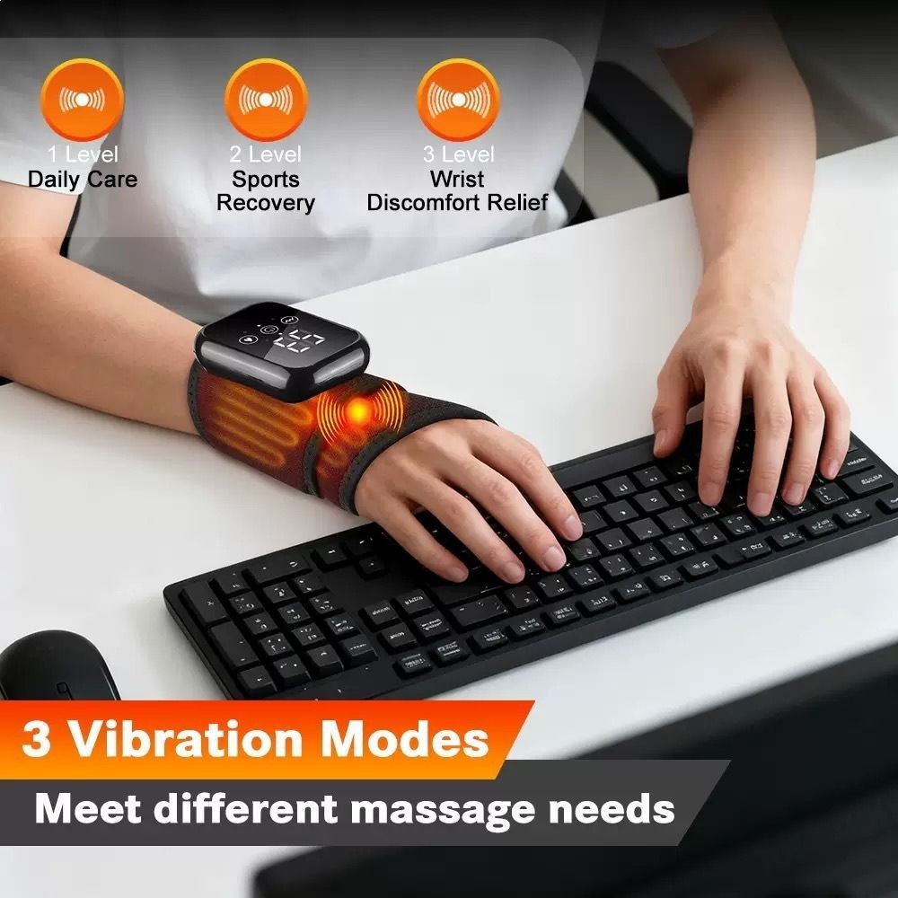 Black 2-piece Electric Heating Wrist Massager with Vibration and Hot Compress - 3 Heat Levels, 3 Vibration Modes, 15 Min Auto Shutoff, Rechargeable - Cordless Wrist Pain Relief Wrap for Office, Sports Recovery, and Daily Care - Image 2