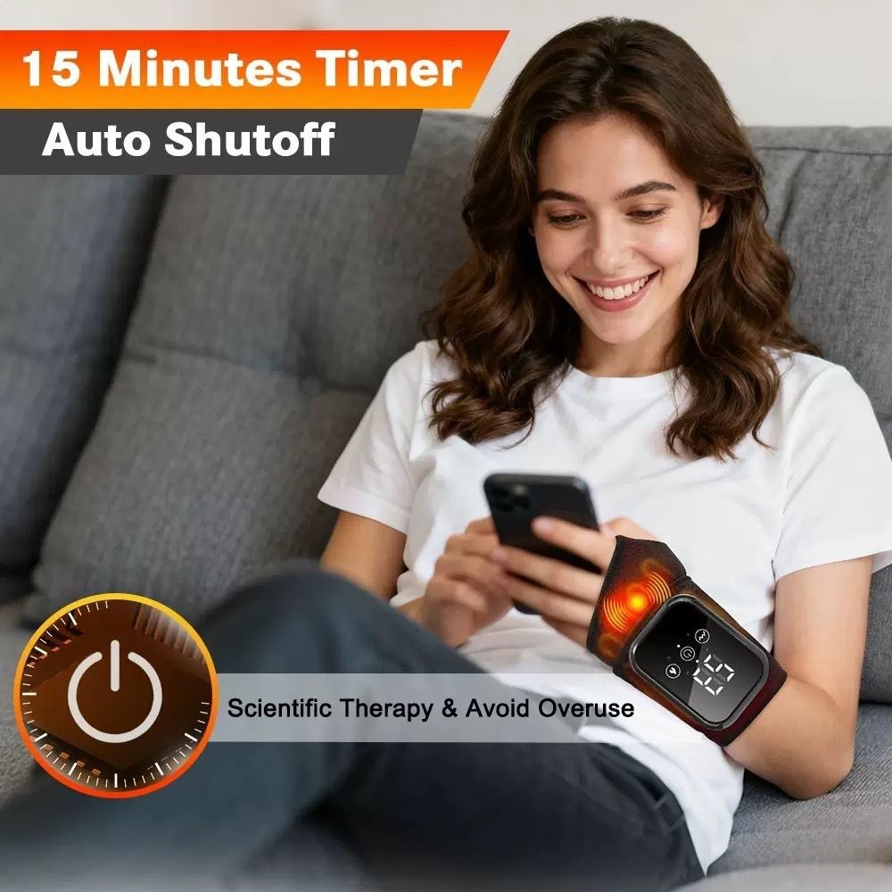 Black 2-piece Electric Heating Wrist Massager with Vibration and Hot Compress - 3 Heat Levels, 3 Vibration Modes, 15 Min Auto Shutoff, Rechargeable - Cordless Wrist Pain Relief Wrap for Office, Sports Recovery, and Daily Care - Image 3