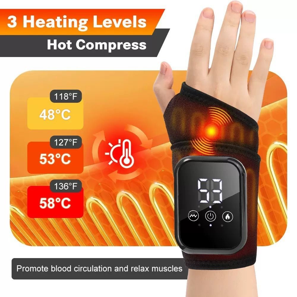 Black 2-piece Electric Heating Wrist Massager with Vibration and Hot Compress - 3 Heat Levels, 3 Vibration Modes, 15 Min Auto Shutoff, Rechargeable - Cordless Wrist Pain Relief Wrap for Office, Sports Recovery, and Daily Care - Image 4