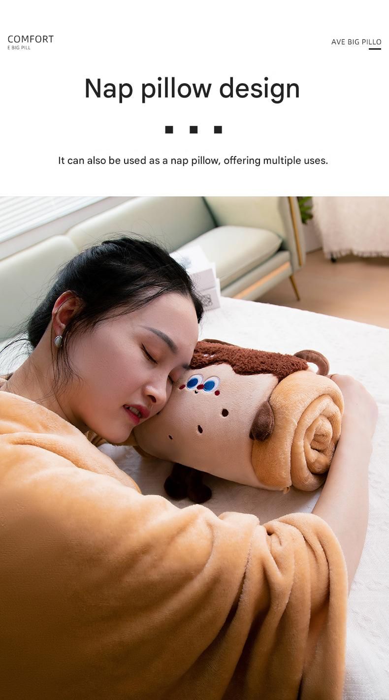 Brown 80*100cm Cartoon Hand-Carry Roll-Up Blanket - Plush Flannel Nap Blanket with Pillow Function, Portable Office & Travel Throw for Home, Car, and Sofa Use - Soft, Machine Washable, Multi-Scene Use - Image 8