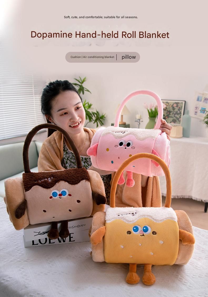 Brown 100*170cm Cartoon Hand-Carry Roll-Up Blanket - Plush Flannel Nap Blanket with Pillow Function, Portable Office & Travel Throw for Home, Car, and Sofa Use - Soft, Machine Washable, Multi-Scene Use - Image 2