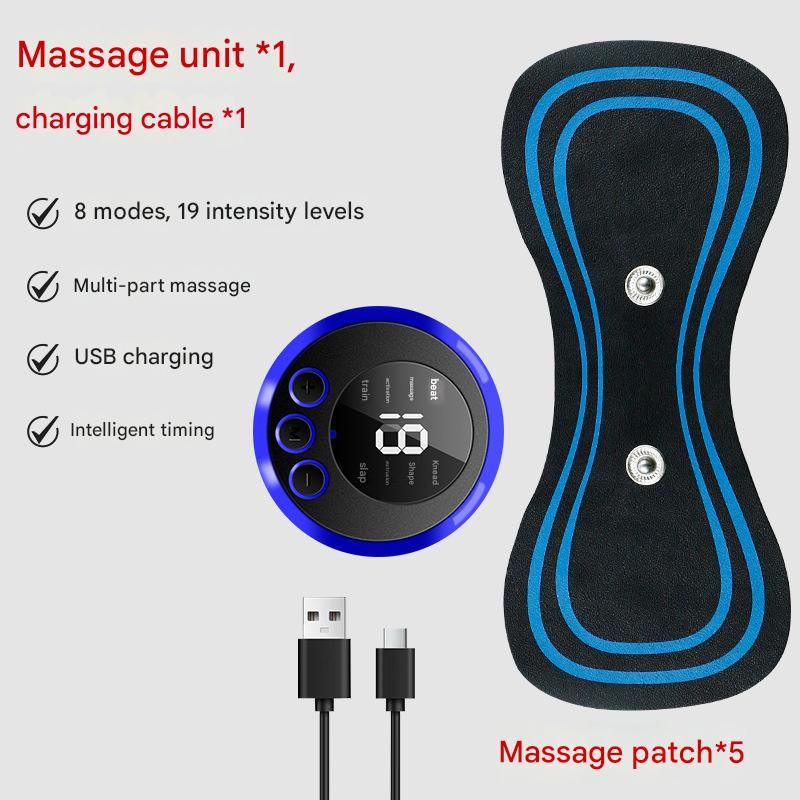 7-pack  Black and Blue Mini  Massage Patch - Portable Smart Neck & Shoulder Massager with 8 Modes, 19 Intensity Levels, USB Rechargeable, PU & PET Material for Muscle Relief - Image 1