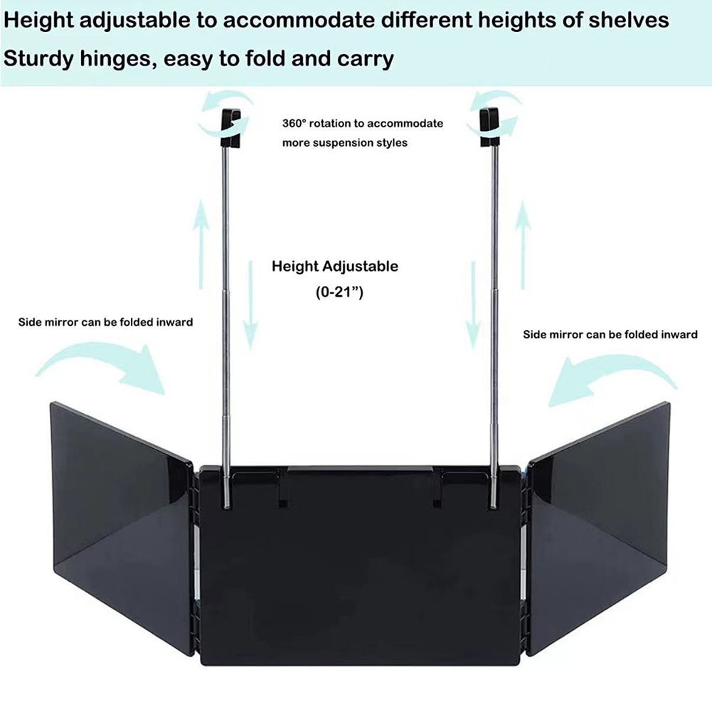 Black Trifold Self Hair Cutting Mirror with Adjustable Hooks - 3-Way Folding Mirror for Barber Use, Shaving, Makeup & Styling - Portable ABS Frame with Aluminium Mirror Panels - Image 2