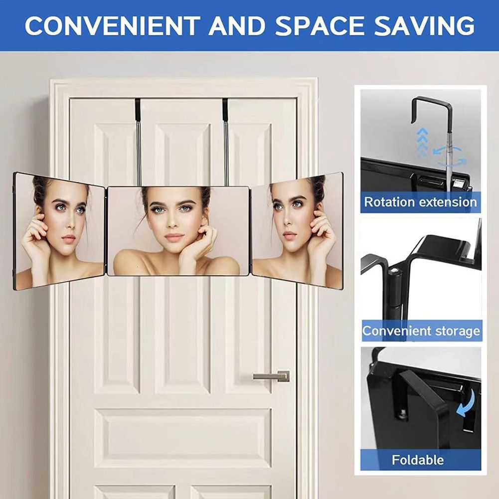 Black Trifold Self Hair Cutting Mirror with Adjustable Hooks - 3-Way Folding Mirror for Barber Use, Shaving, Makeup & Styling - Portable ABS Frame with Aluminium Mirror Panels - Image 5