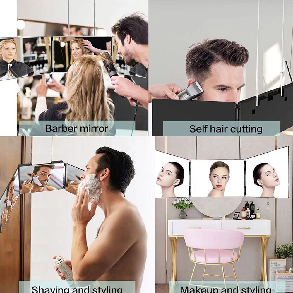 Black Trifold Self Hair Cutting Mirror with Adjustable Hooks - 3-Way Folding Mirror for Barber Use, Shaving, Makeup & Styling - Portable ABS Frame with Aluminium Mirror Panels - Image 6