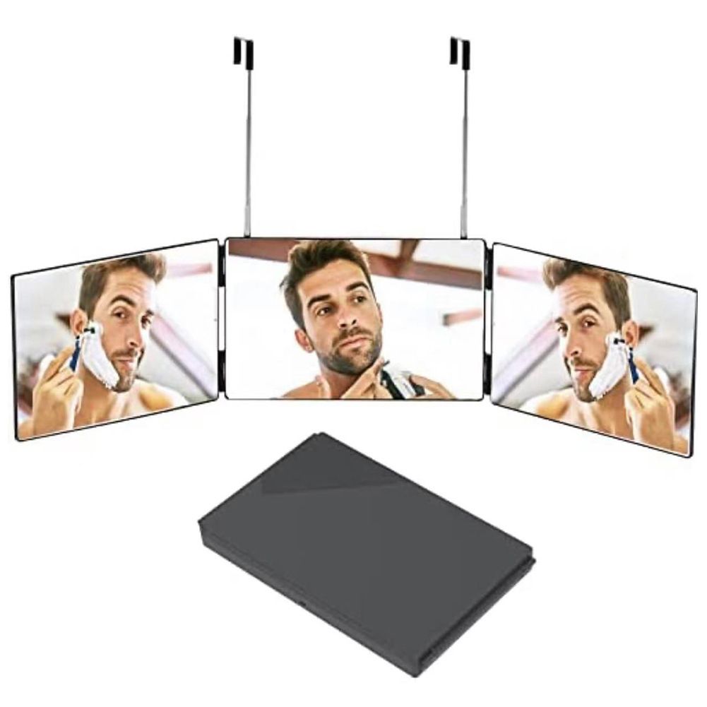 Black Trifold Self Hair Cutting Mirror with Adjustable Hooks - 3-Way Folding Mirror for Barber Use, Shaving, Makeup & Styling - Portable ABS Frame with Aluminium Mirror Panels - Image 7