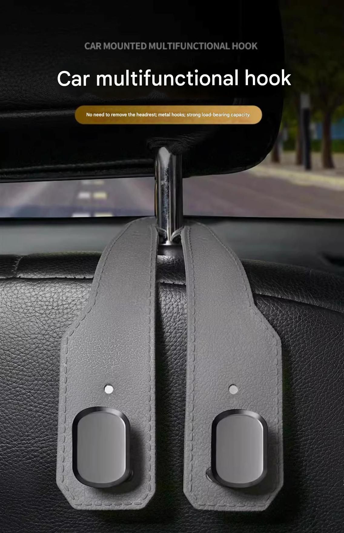 2-piece Black and Brown ABS Dual-Hook Car Seat Back Hanger — Foldable, Faux-Suede Headrest Hook; The ideal companion for hanging handbags and shopping bags, also doubles as a mobile phone holder - Image 2