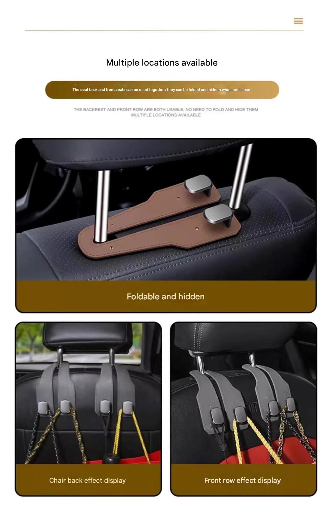 2-piece Black and Brown ABS Dual-Hook Car Seat Back Hanger — Foldable, Faux-Suede Headrest Hook; The ideal companion for hanging handbags and shopping bags, also doubles as a mobile phone holder - Image 5