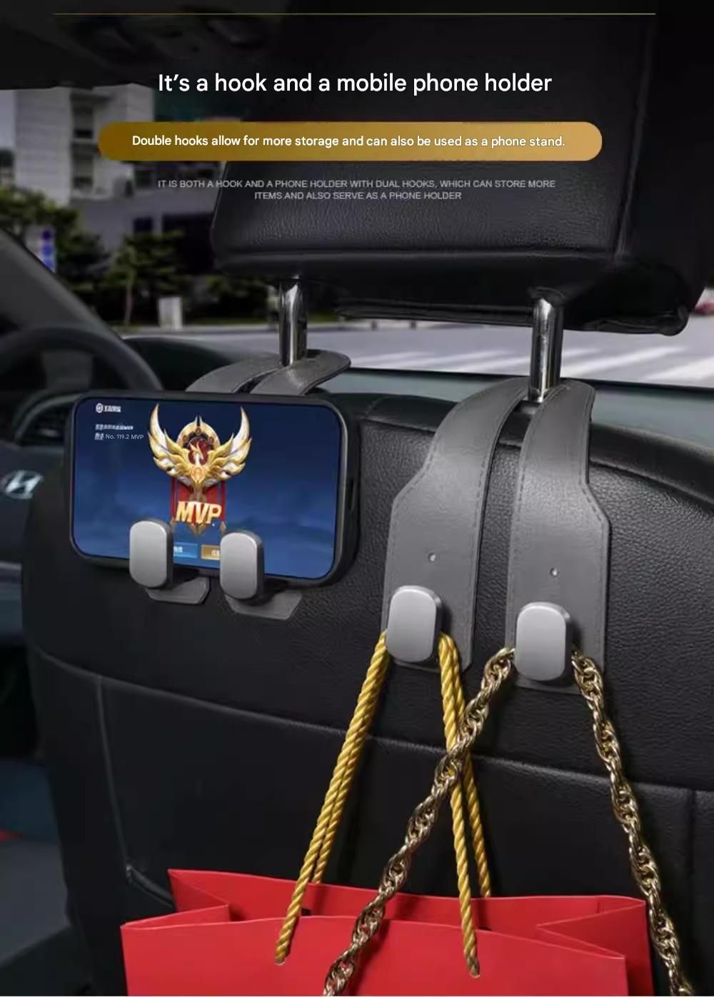 2-piece Black and Grey Alloy Dual-Hook Car Seat Back Hanger — Foldable, Faux-Suede Headrest Hook; The ideal companion for hanging handbags and shopping bags, also doubles as a mobile phone holder - Image 3