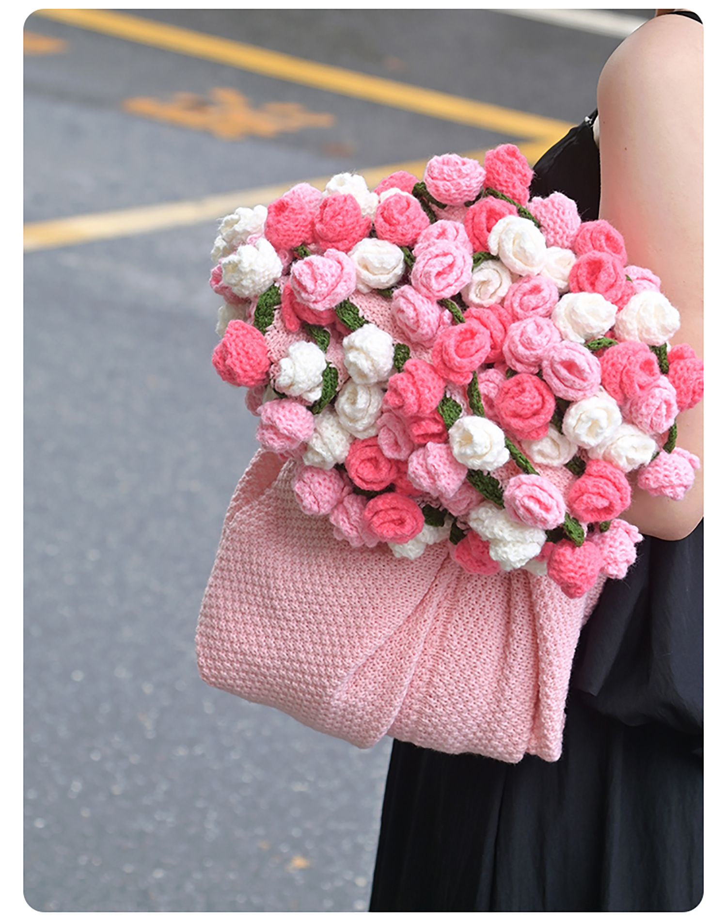 Pink and White Diameter: 120 cm -52 Woven Flowers Handmade Rose Bouquet Knit Blanket - Soft Pink Acrylic Throw with 3D Crochet Flowers - Perfect Gift for Her, Birthday, Valentine's Day, Home Decor - Image 1