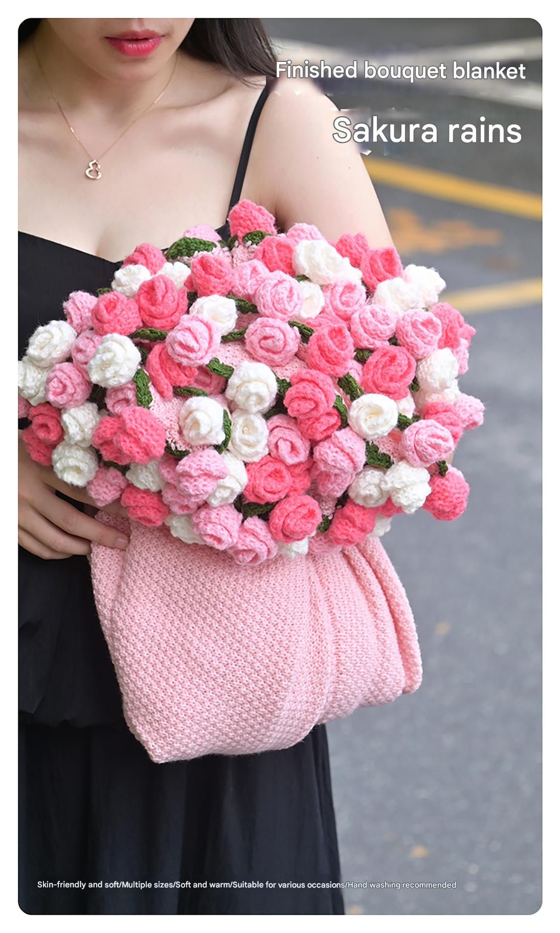 Pink and White Diameter: 160 cm -99 Woven Flowers Handmade Rose Bouquet Knit Blanket - Soft Pink Acrylic Throw with 3D Crochet Flowers - Perfect Gift for Her, Birthday, Valentine's Day, Home Decor - Image 2