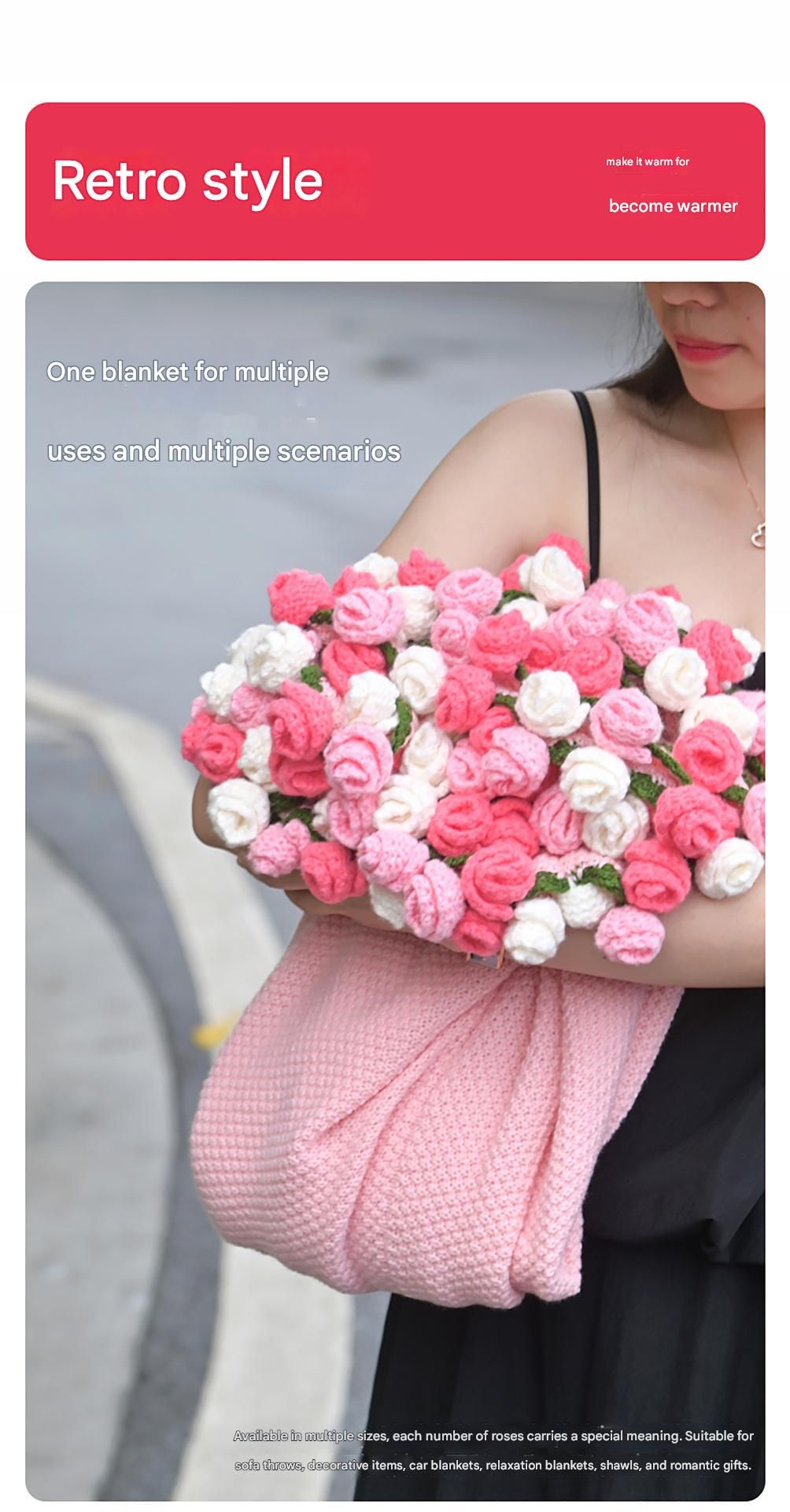 Pink and White Diameter: 160 cm -99 Woven Flowers Handmade Rose Bouquet Knit Blanket - Soft Pink Acrylic Throw with 3D Crochet Flowers - Perfect Gift for Her, Birthday, Valentine's Day, Home Decor - Image 8